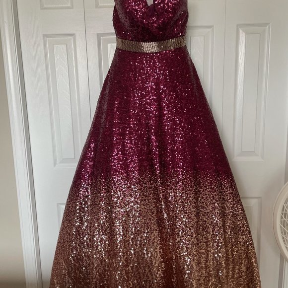 Tiffany Designs - Burgandy/Gold Sequin Ball Gown - Picture 2 of 4